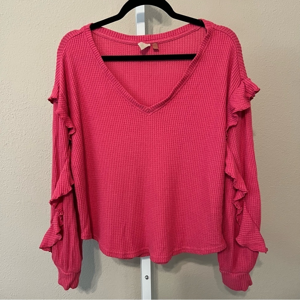 Pilcro Anthropologie Size Medium Hot Pink Waffle Weave Thermal Ruffle Sleeve Top - Picture 1 of 5